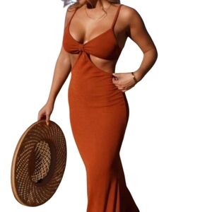 Elegant Brown Cut-Out Maxi Dress Sz Large Nwt